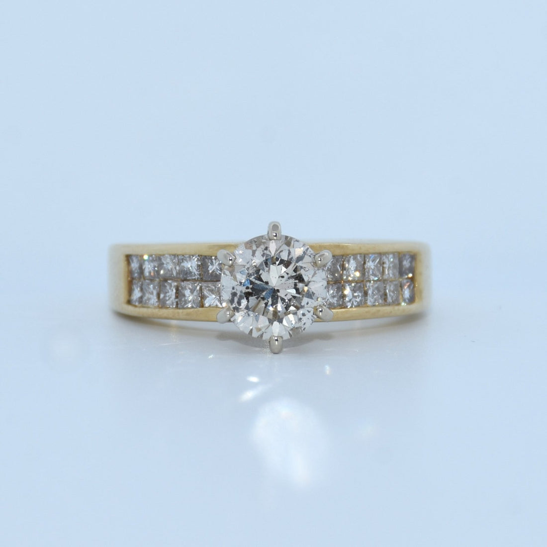 14K Gold | YG Natural Round Diamond 1ct Center Stone .60ct Princess Cut Shank Engagement Ring