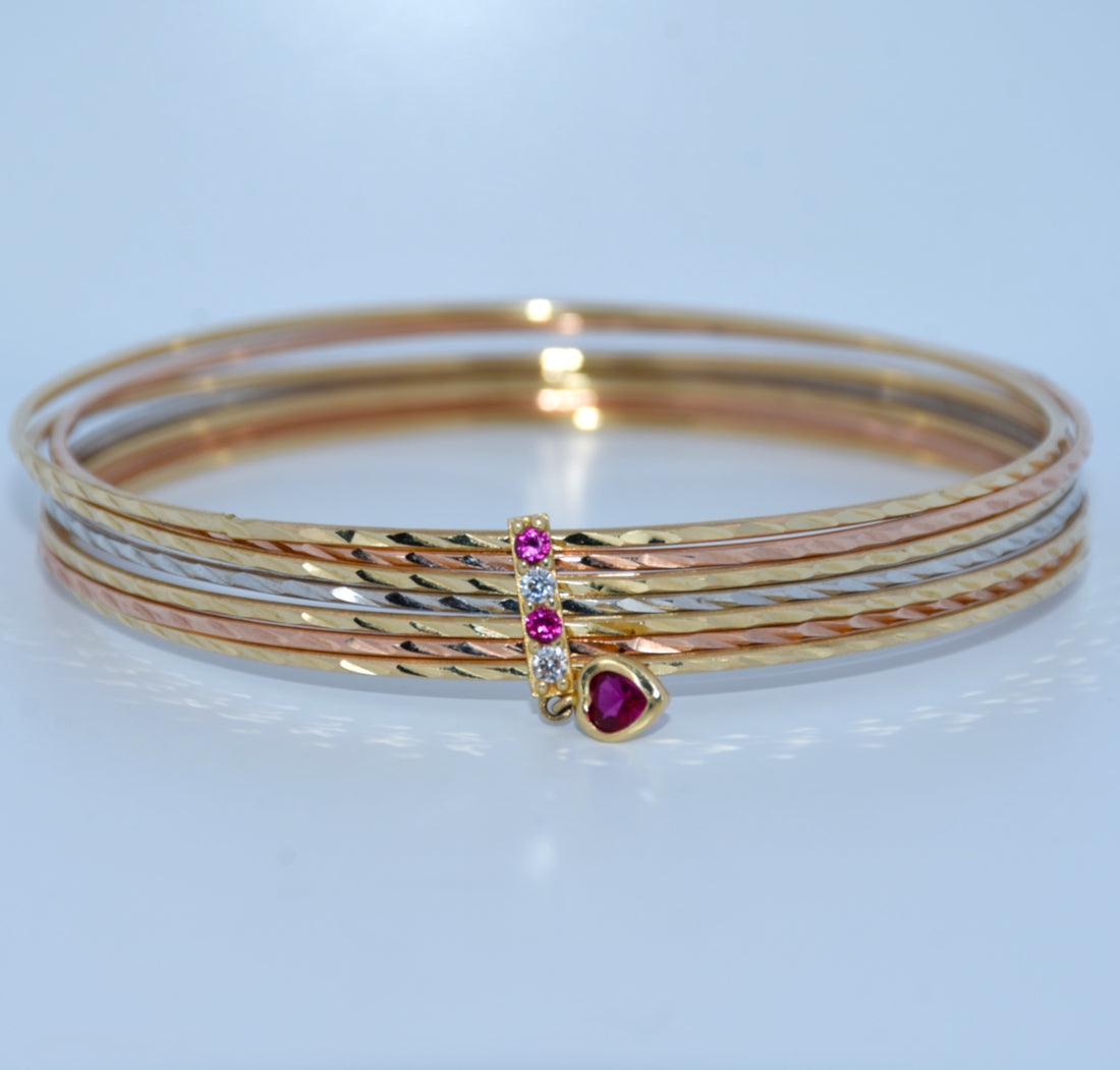 14K Gold | Tricolor 7 Band with Red Stones Bracelet