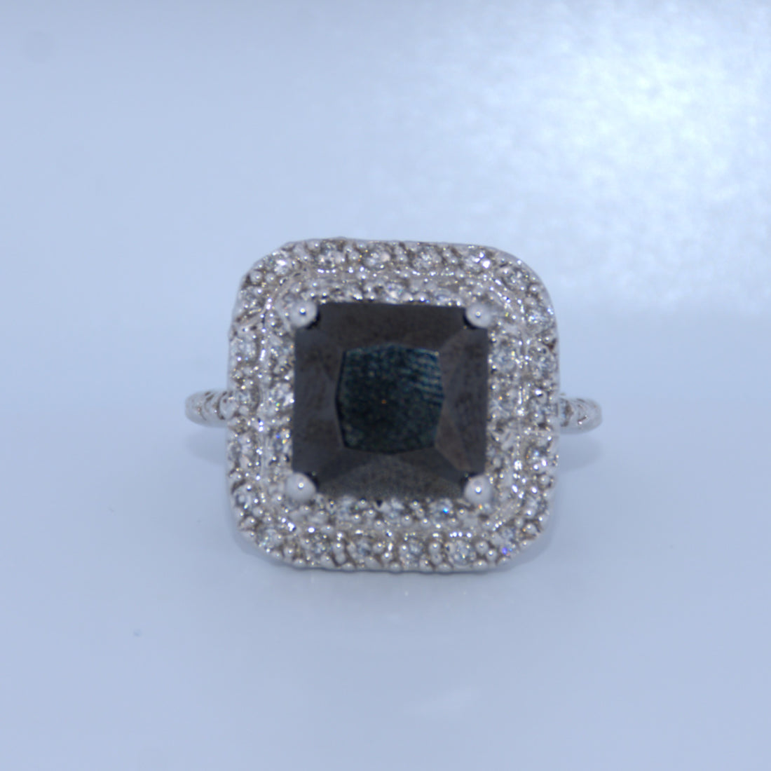 Sterling Silver | Square Onyx Ring with CZ Halo