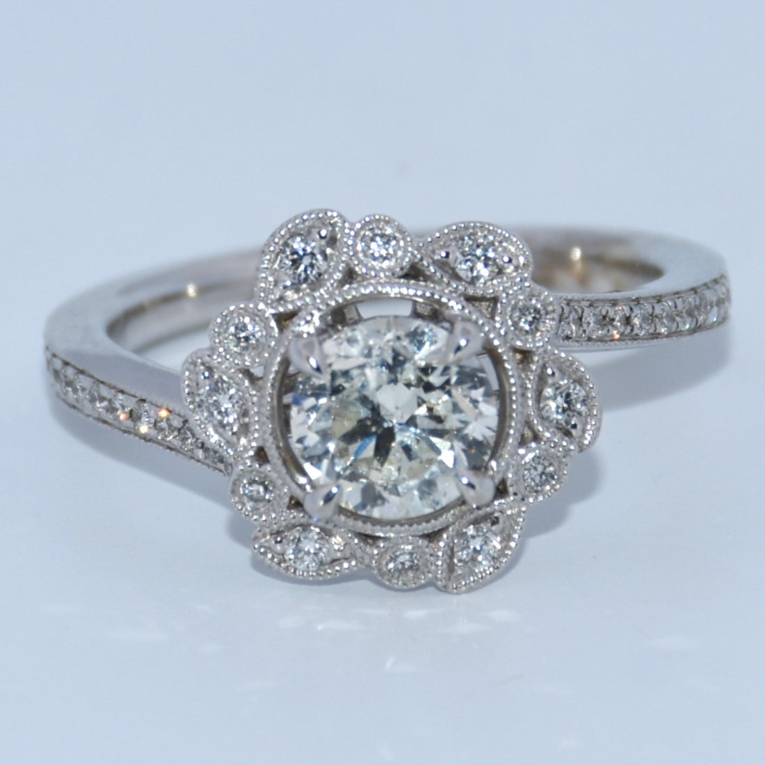 14K Gold |  WG Floral Halo 1.03ct Round C Natural Diamond with .21ct Setting Engagement Ring