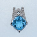 14K White Gold Natural Diamond and Princess Cut Blue Topaz Pendant