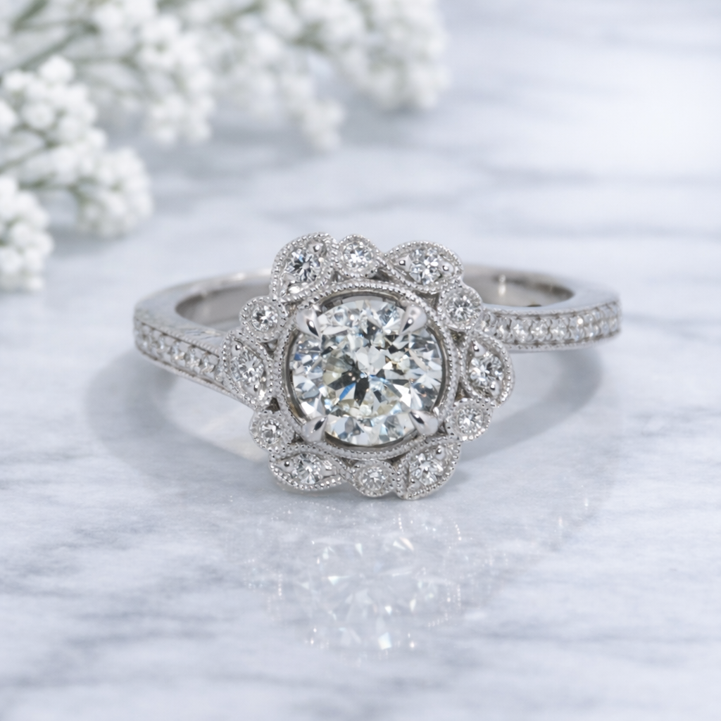 14K Gold |  WG Floral Halo 1.03ct Round C Natural Diamond with .21ct Setting Engagement Ring