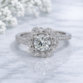 14K Gold |  WG Floral Halo 1.03ct Round C Natural Diamond with .21ct Setting Engagement Ring