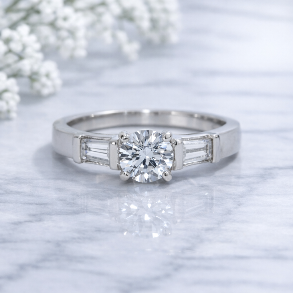 Diamond ring with baguette side stones on a marble surface with white flowers.