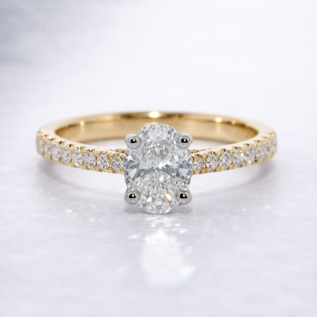 14K Gold | 1ct Oval Lab Diamond Yellow and White Gold Hidden Halo with .49cttw Natural Setting Accented Engagement Ring