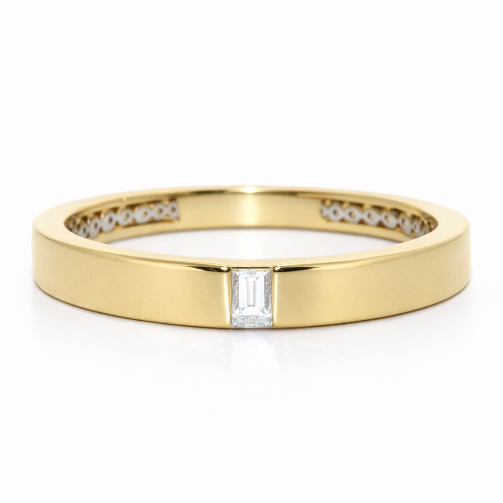 Gold ring with a central diamond and smaller diamonds on a white background