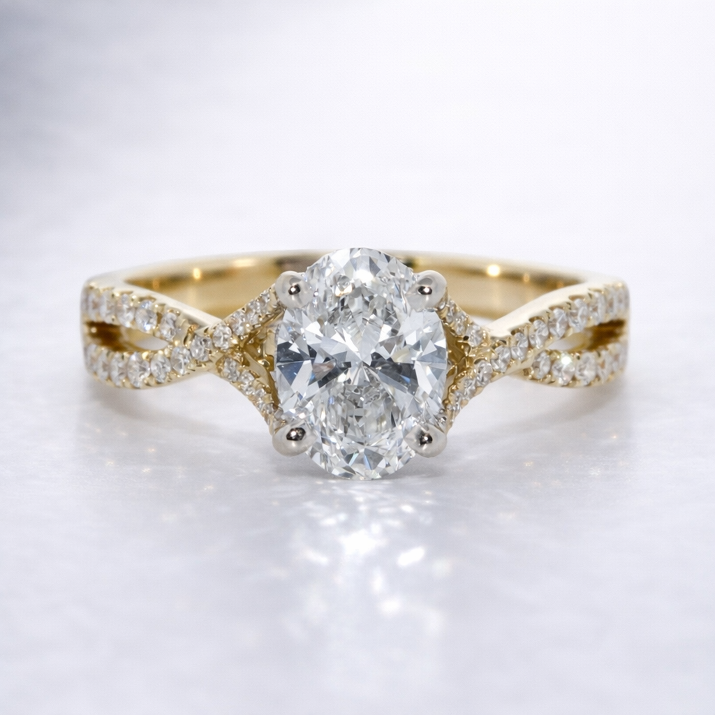 Gold ring with a large diamond on a white background