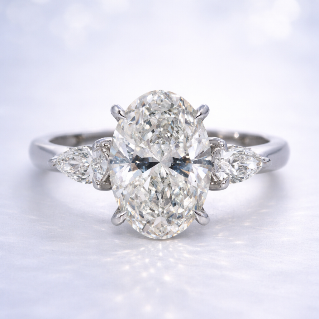 14K Gold | 3CT WG three-stone Oval Lab Diamond with Pear Side Stones Engagement Ring