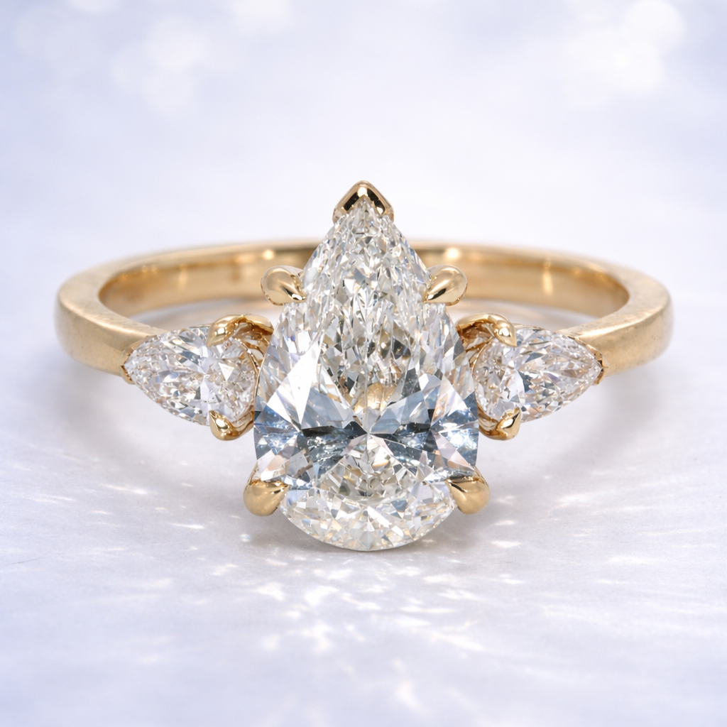 14K Gold | 2CT YG Three-Stone Pear Brilliant Lab Diamond Engagement Ring