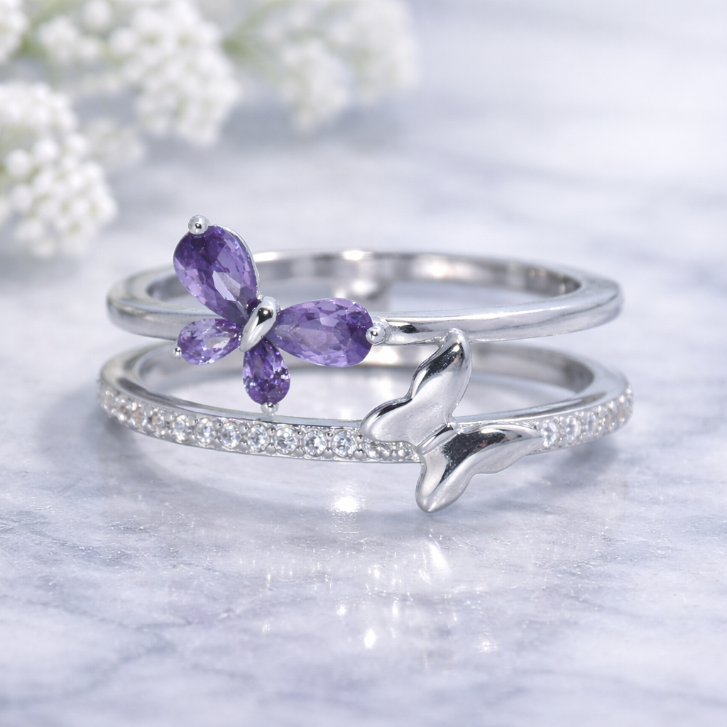 Sterling Silver | Purple Butterfly CZ Double Band Ring