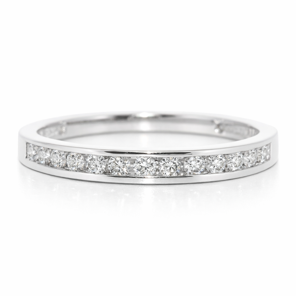Silver ring with small diamonds on a white background