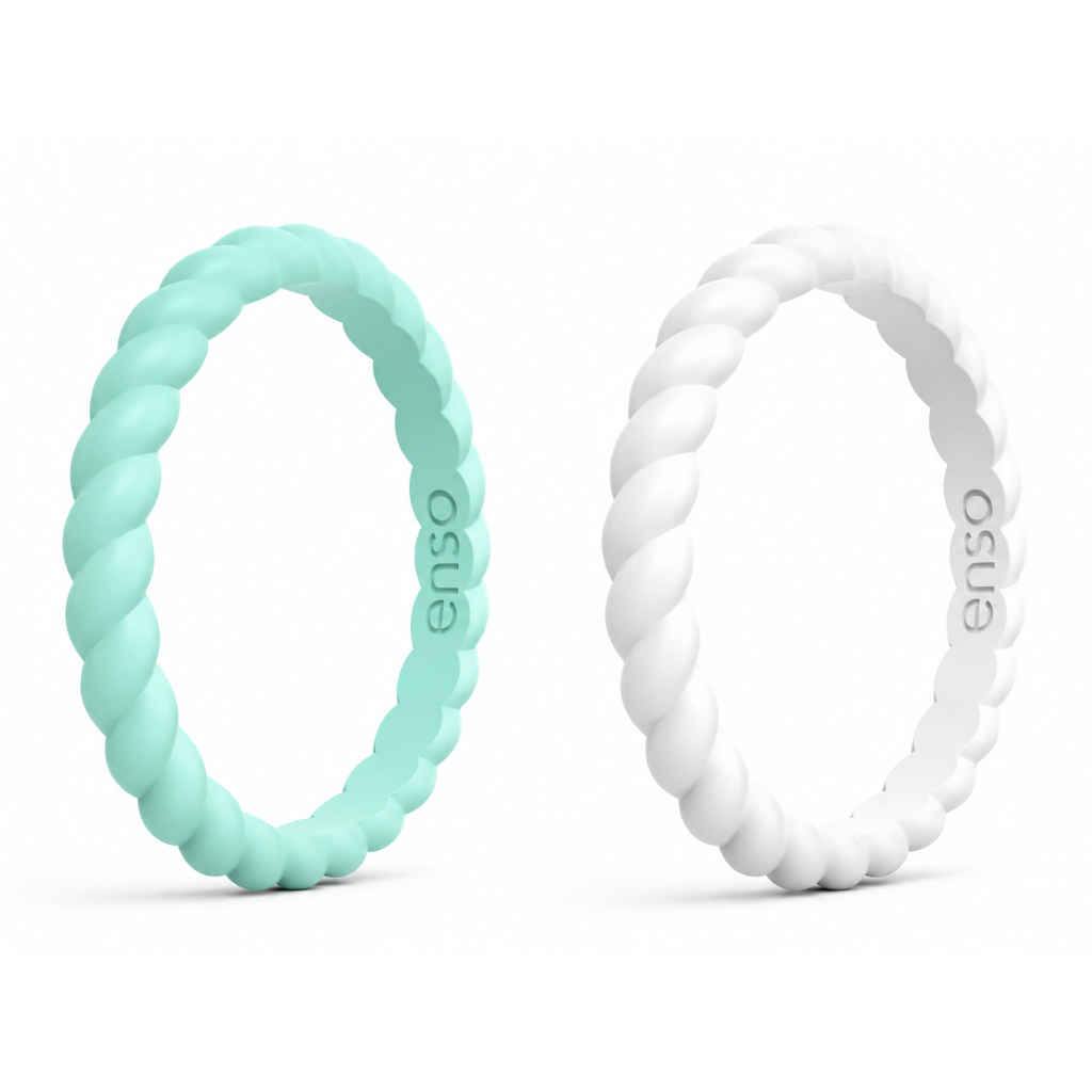 Enso Silicone Rings | Braided Stackable White/Turquoise Ring ( 2-Pack )