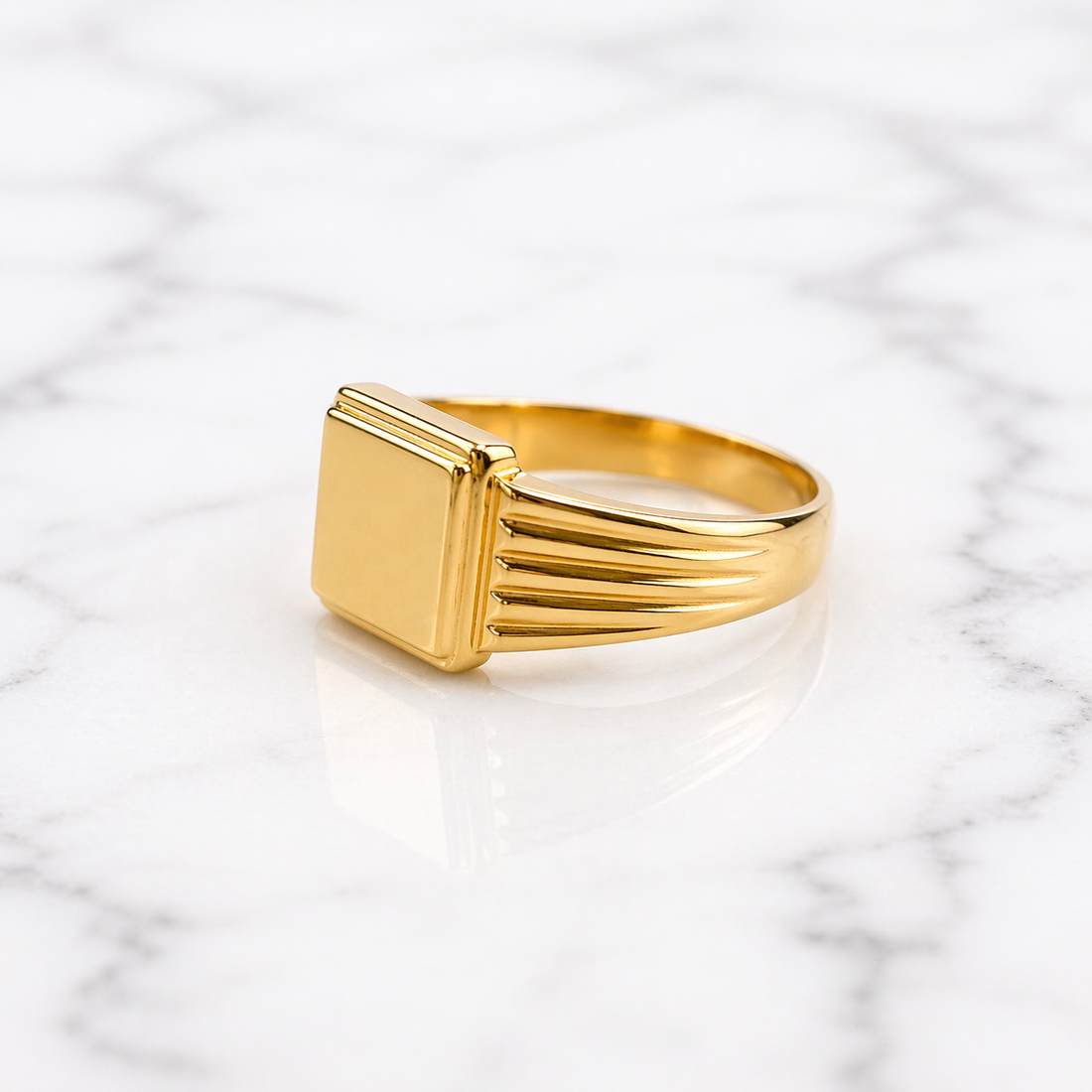 Grooved Detailed  Large Square Signet 19.2k Portuguese Gold Unisex ring side view