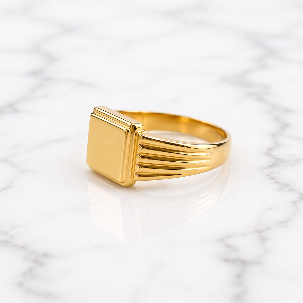 Grooved Detailed  Large Square Signet 19.2k Portuguese Gold Unisex ring side view