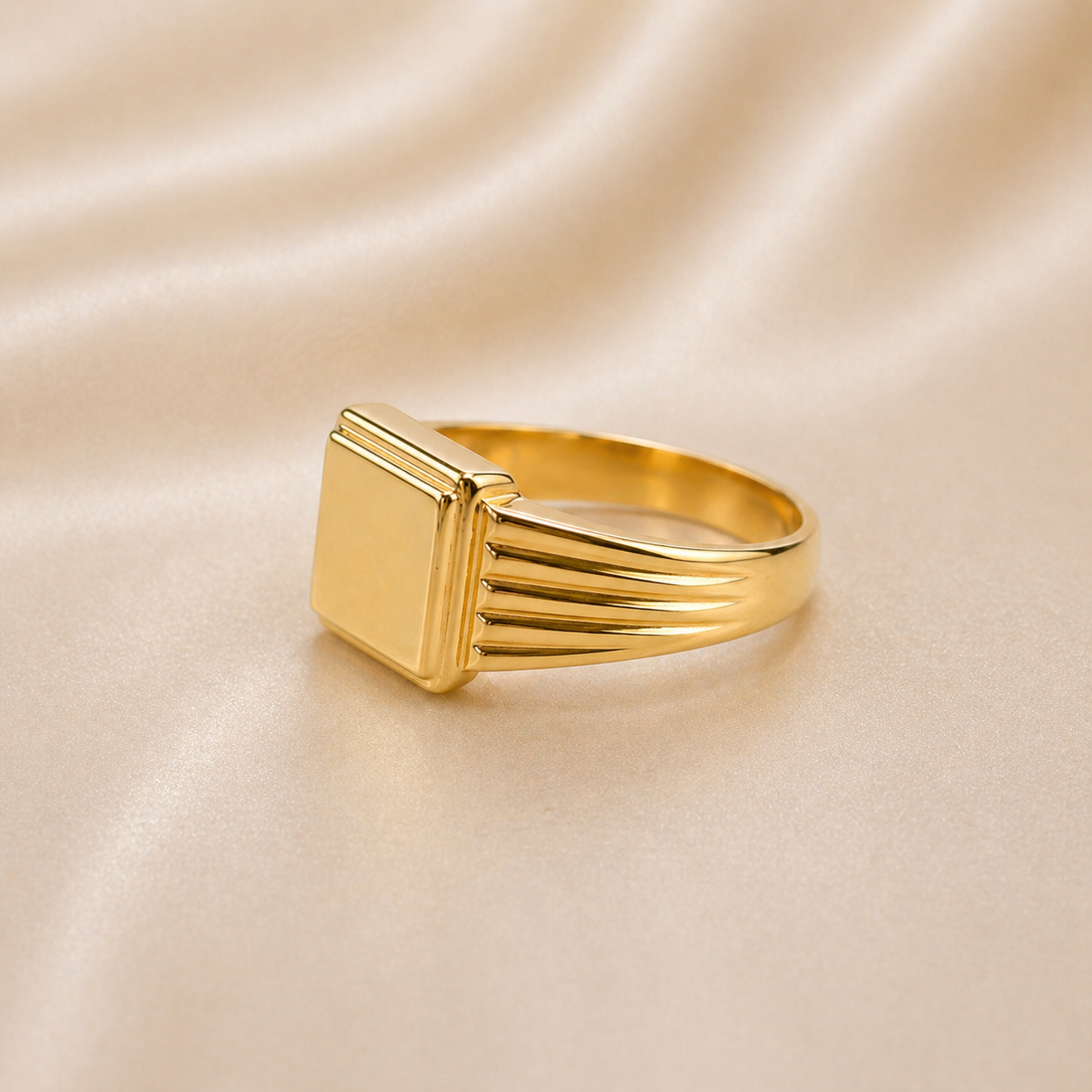 Grooved Detailed  Large Square Signet 19.2k Portuguese Gold Unisex ring side view