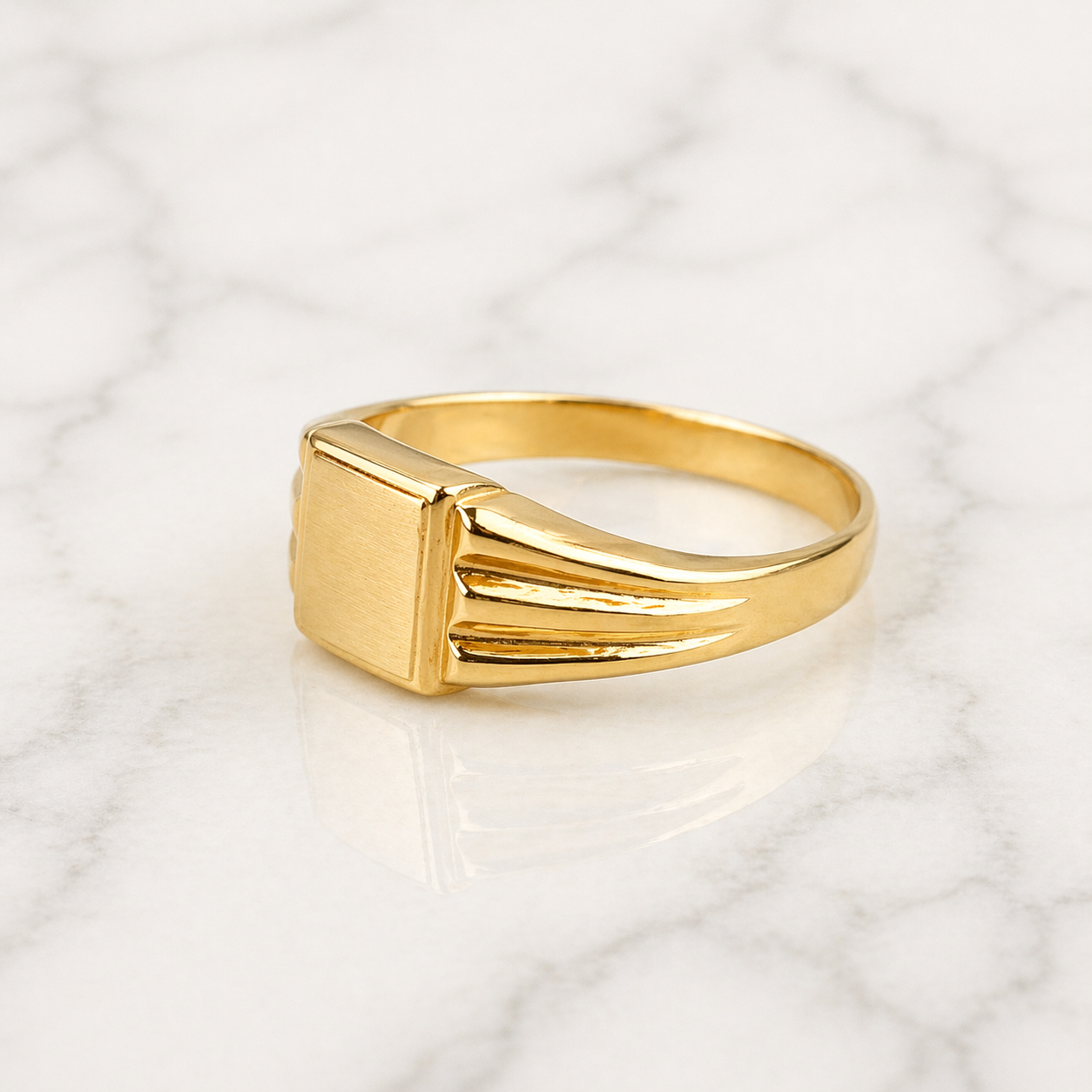 Grooved Detailed Small Square Ring Unisex 19.2k Portuguese Gold Signet