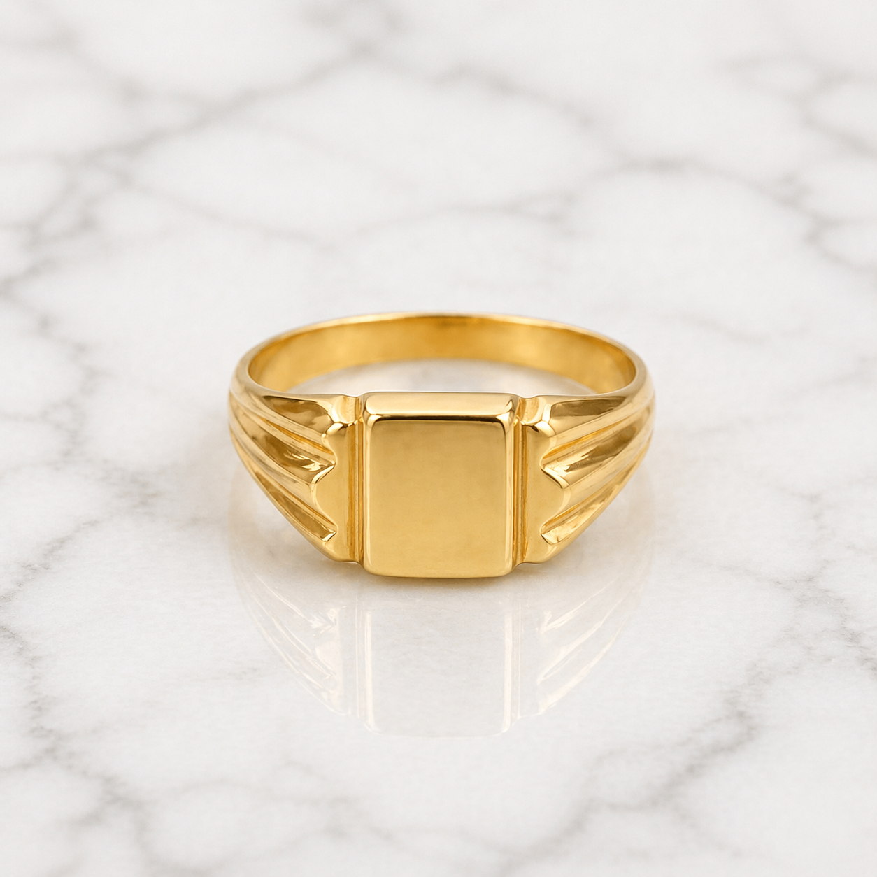 front view of Grooved Detailed Small Square Ring Unisex 19.2k Portuguese Gold