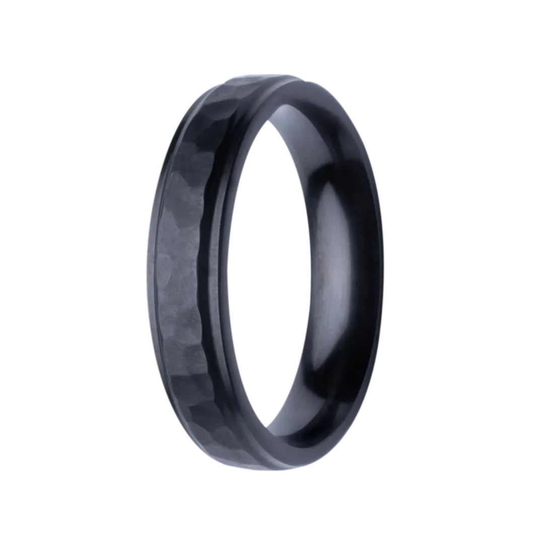 Heavy Stone | 5mm Zirconium High Polish Step Edge with Hammered Center Wedding Band Ring