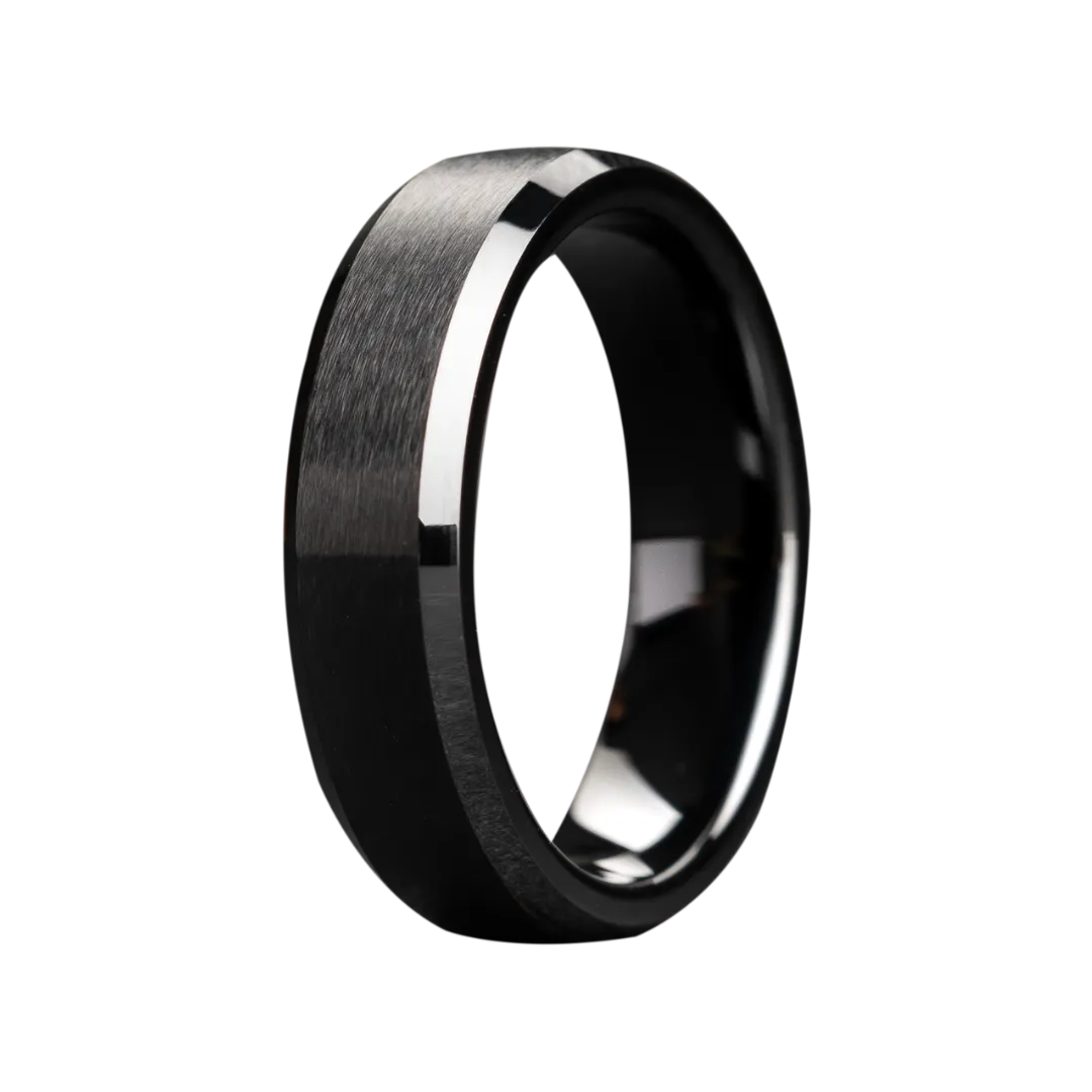 Heavy Stone | 6mm Black Ceramic Beveled Edge Comfort Fit Satin Top Polished Edge Wedding Band Ring