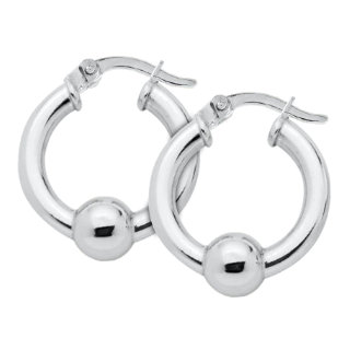 A pair of polished silver hoop earrings with a small spherical bead at the bottom of each hoop, shown on a plain white background.