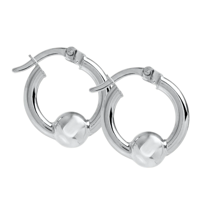 A pair of polished silver hoop earrings with a spherical bead detail at the bottom of each hoop, shown on a plain white background.