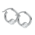 A pair of polished silver hoop earrings with a spherical bead detail at the bottom of each hoop, shown on a plain white background.