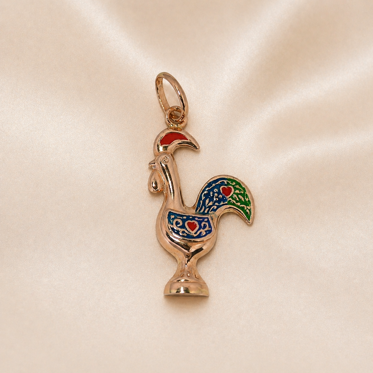 Large Blue and Green 19.2K Portuguese Gold | Rooster Charm (Galo de Barcelos) Pendant