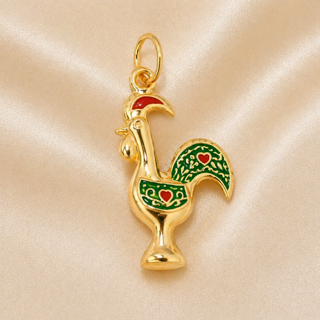 Large Green Rooster Charm (Galo de Barcelos) Pendant 19.2K Portuguese Gold