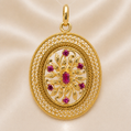 19.2K Portuguese Gold | Large Round Pendant with Pink Stones