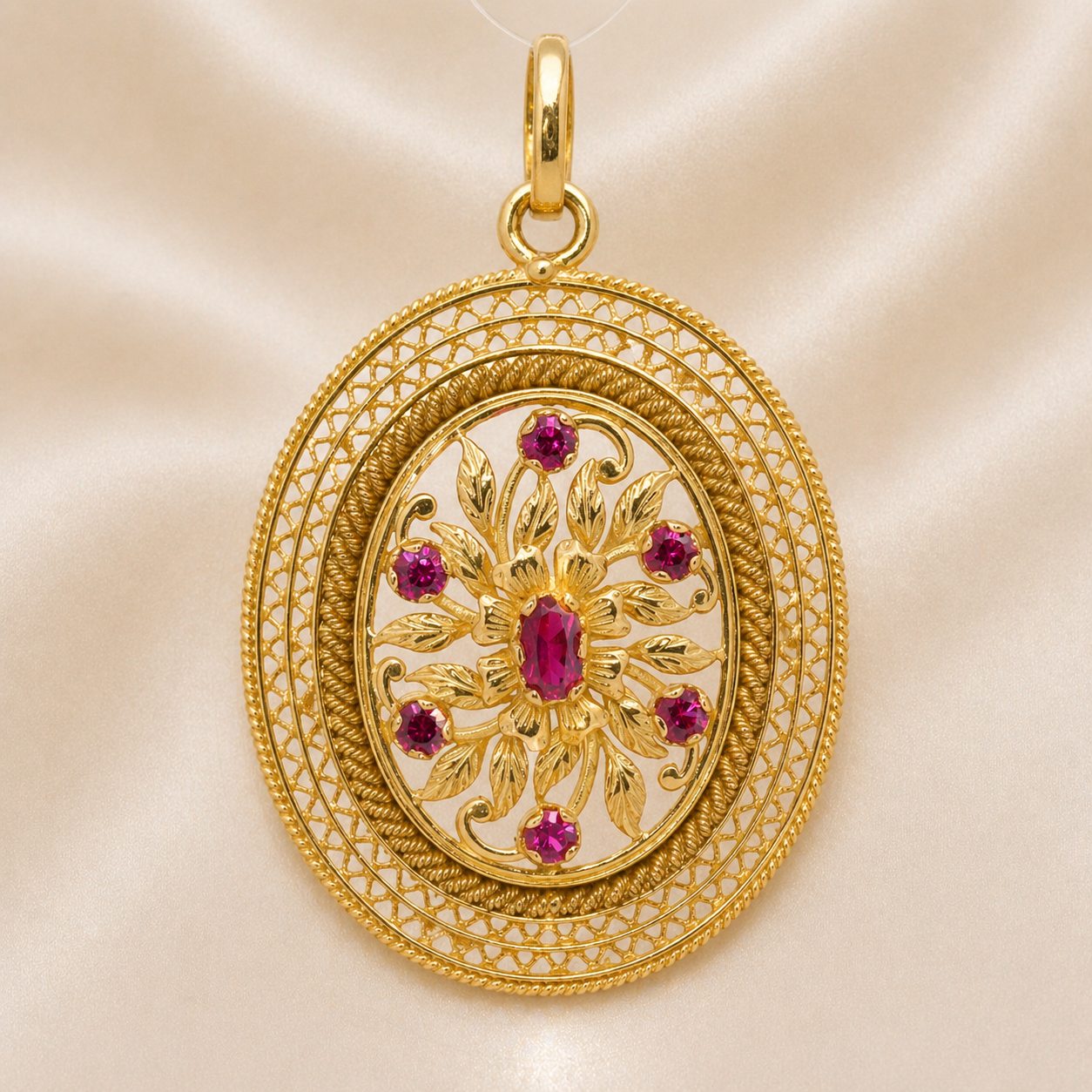 19.2K Portuguese Gold | Large Round Pendant with Pink Stones
