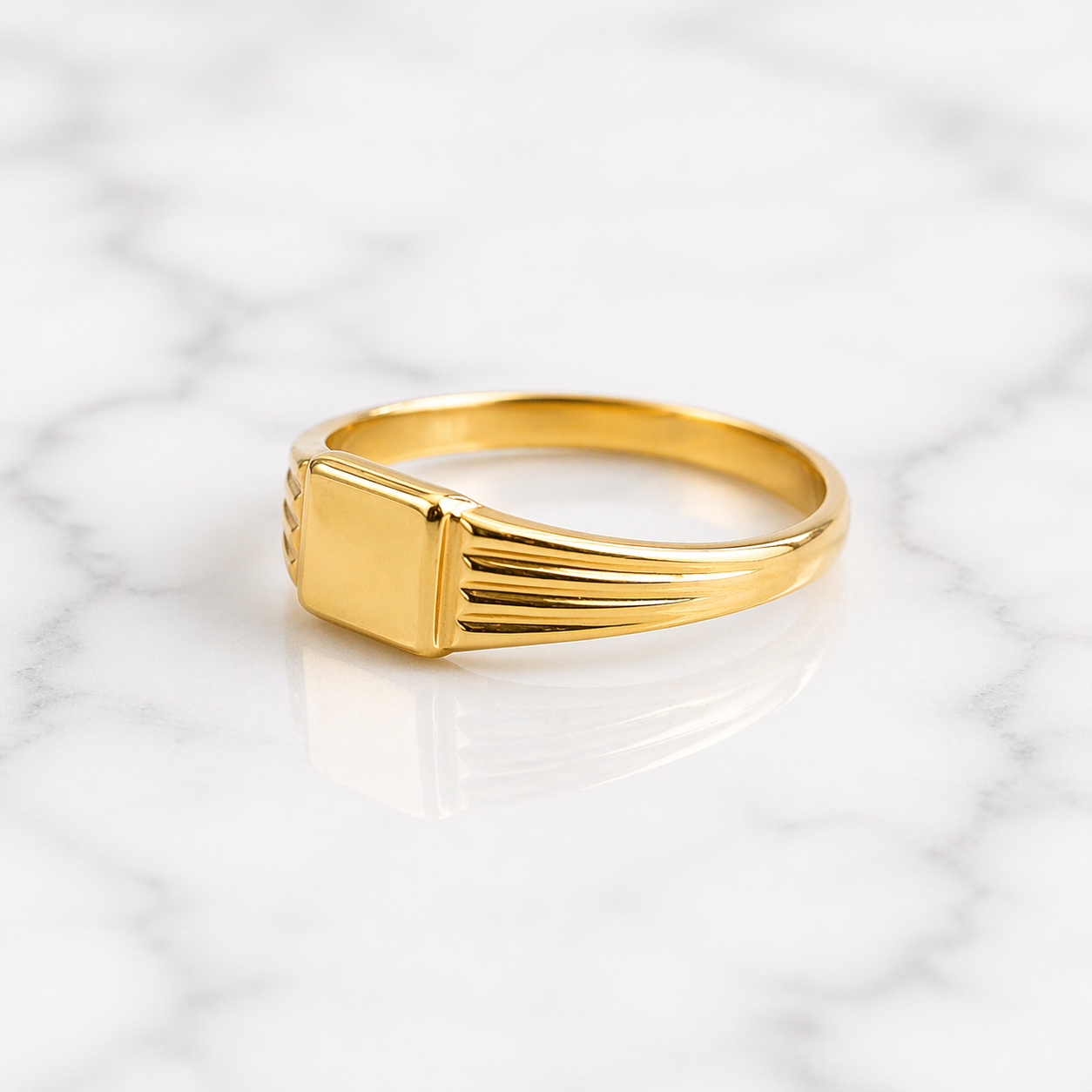 side view of Medium Signet Grooved Detail Unisex Ring 19.2k Portuguese Gold