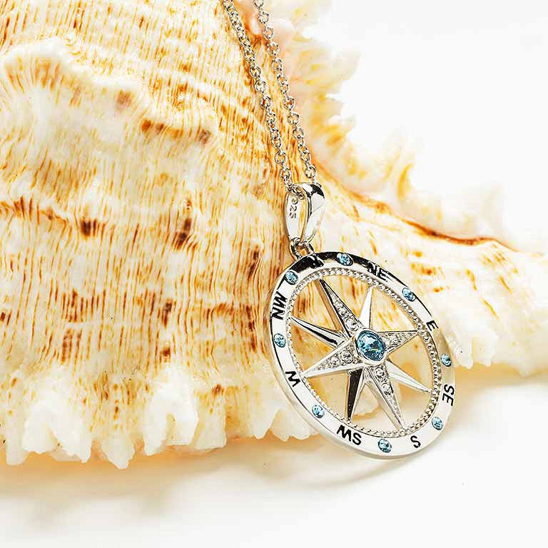 Ocean | Deep Blue Sterling Silver Aquamarine White Crystal Compass Necklace