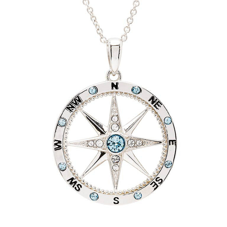 Ocean | Deep Blue Sterling Silver Aquamarine White Crystal Compass Necklace