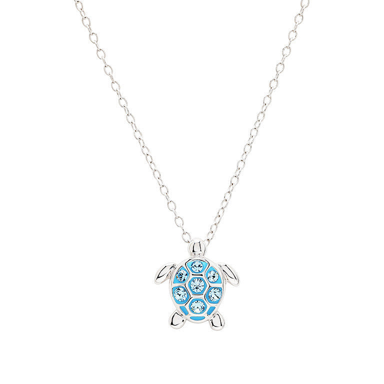 Ocean | Deep Blue Sterling Silver Aqua Crystal Turtle Mini Necklace