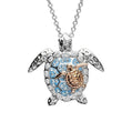 Ocean | Deep Blue Silver Aqua Swarovski Crystal Turtle and Baby Necklace Rose Plated