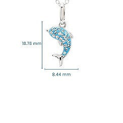 Silver dolphin pendant necklace with light blue rhinestone accents, shown with dimension lines indicating 18.78 mm height and 8.