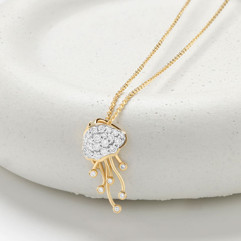 Ocean | Deep Blue 14K Gold Jellyfish Necklace with Lab Diamond Drops
