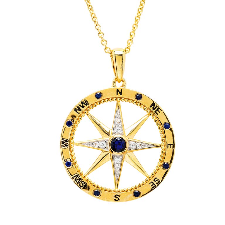 Ocean | Deep Blue 14K Gold Lab Diamond & Sapphire Compass Bold Necklace