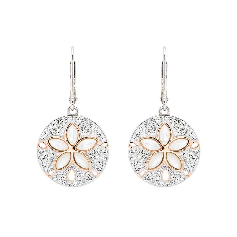 Ocean | Deep Blue Silver White Swarovski Crystal Sand Dollar Drop Earrings Rose Plate