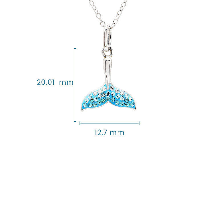 Silver mermaid tail pendant necklace with light blue rhinestones, shown on a white background with dimension lines indicating 20.01 mm height and 12.