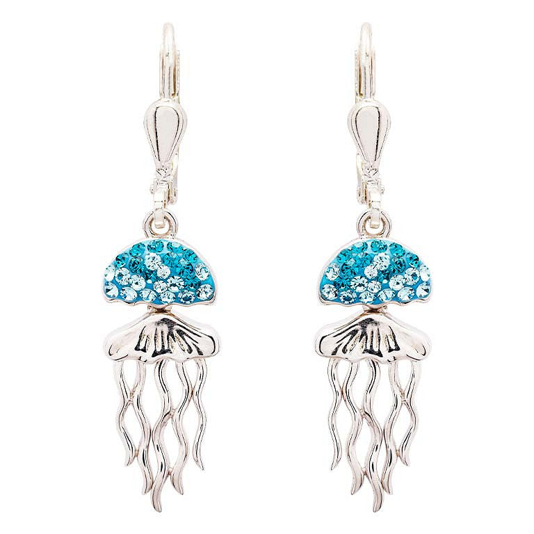 A pair of silver leverback dangle earrings featuring a glittery blue jellyfish design with silver tentacles, shown against a plain white background.
