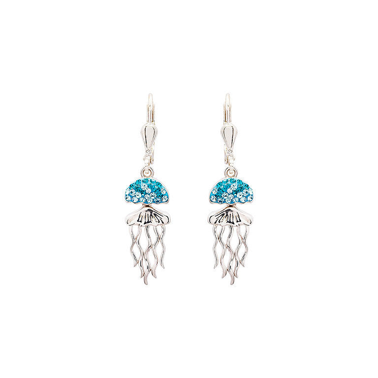 A pair of silver dangle earrings featuring a blue and clear rhinestone jellyfish charm with dangling silver tentacles, shown on a plain white background.