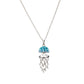 A silver-tone jellyfish pendant necklace featuring a turquoise blue crystal-encrusted cap and dangling tentacles, shown on a clean white background.Ocean | Deep Blue Sterling Silver Aqua Crystal Jellyfish NecklaceOcean | Deep Blue Sterling Silver Aqua Crystal Jellyfish Necklace