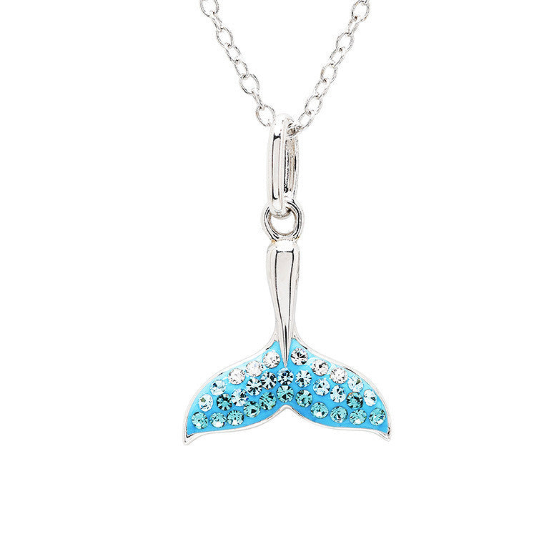 A silver-toned mermaid tail pendant necklace adorned with light blue rhinestones, suspended from a delicate silver chain against a plain white background.