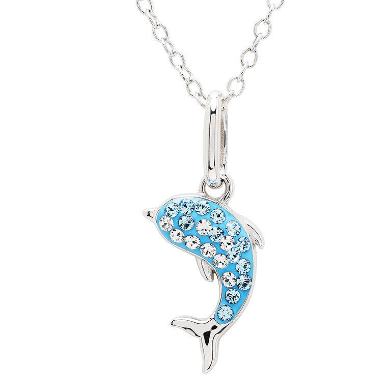A silver dolphin pendant necklace featuring light blue enamel and clear rhinestones, suspended from a silver link chain against a plain white background.