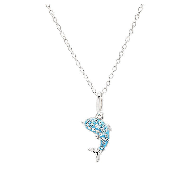 A silver-tone chain necklace featuring a dolphin-shaped pendant embellished with sparkling clear rhinestones and light blue enamel, set against a plain white background.