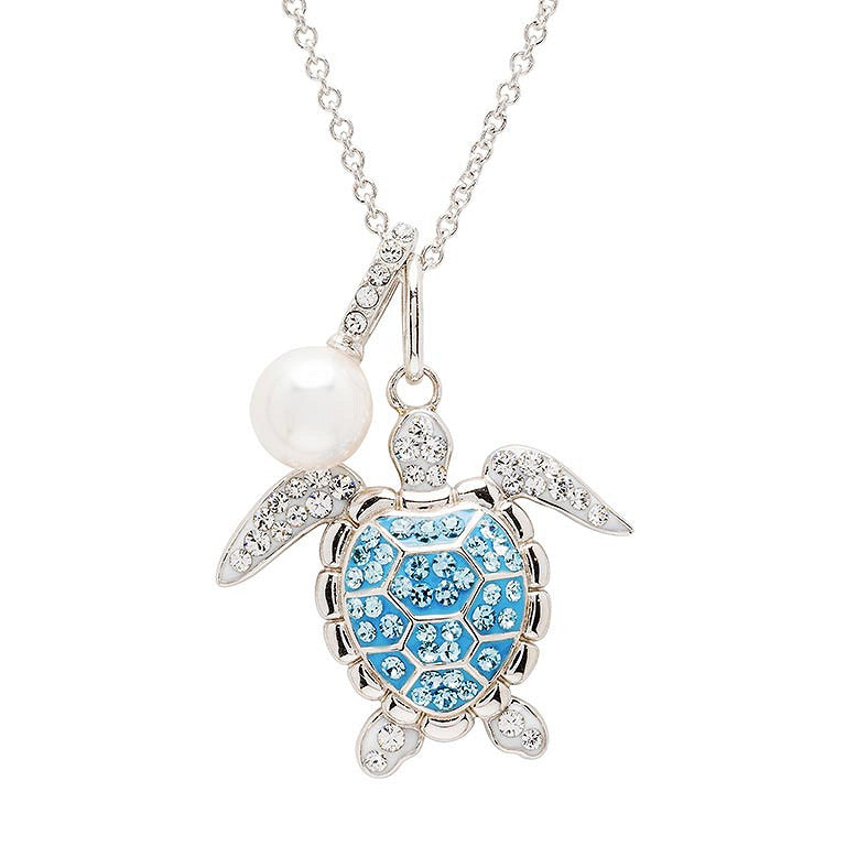 Ocean | Deep Blue Sterling Silver Aquamarine Crystal Pearl Turtle Necklace