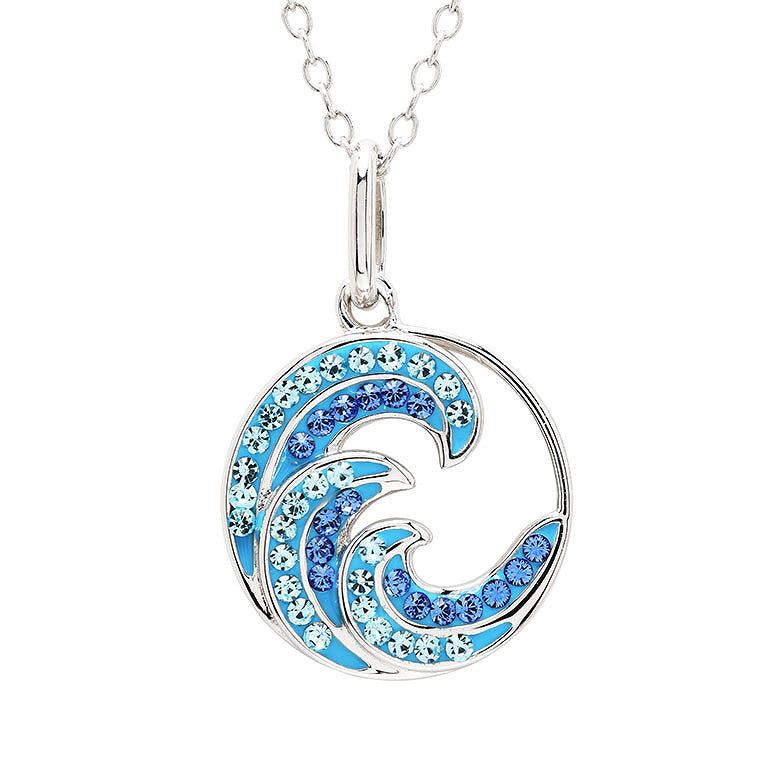 A silver wave-shaped pendant necklace featuring light blue and royal blue rhinestones, shown on a clean white background.
