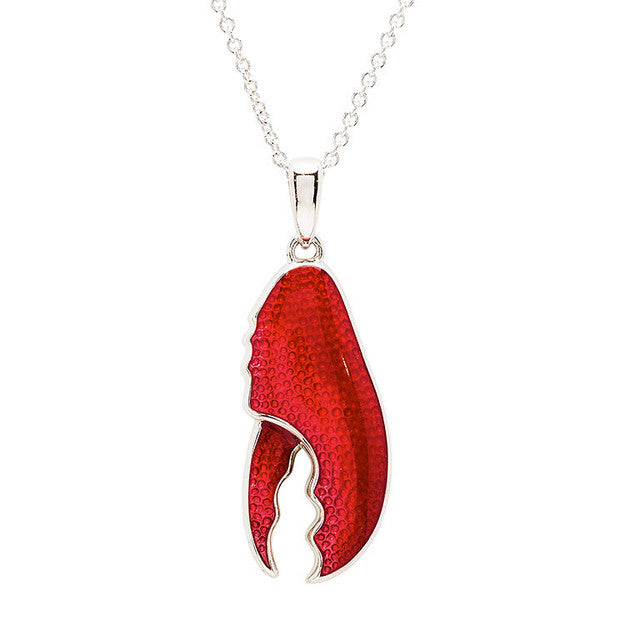 A silver lobster claw pendant necklace with a vibrant red textured enamel fill, suspended from a delicate silver chain against a plain white background.