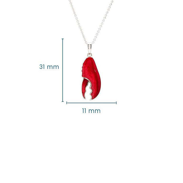 Red lobster claw pendant necklace on a silver chain, shown with dimension lines indicating 31 mm height and 11 mm width on a white background.